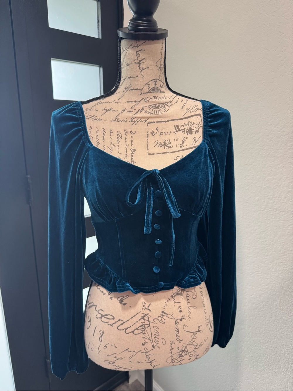 NWT Blu Pepper Teal Velvet Tie-Front Peplum Blouse